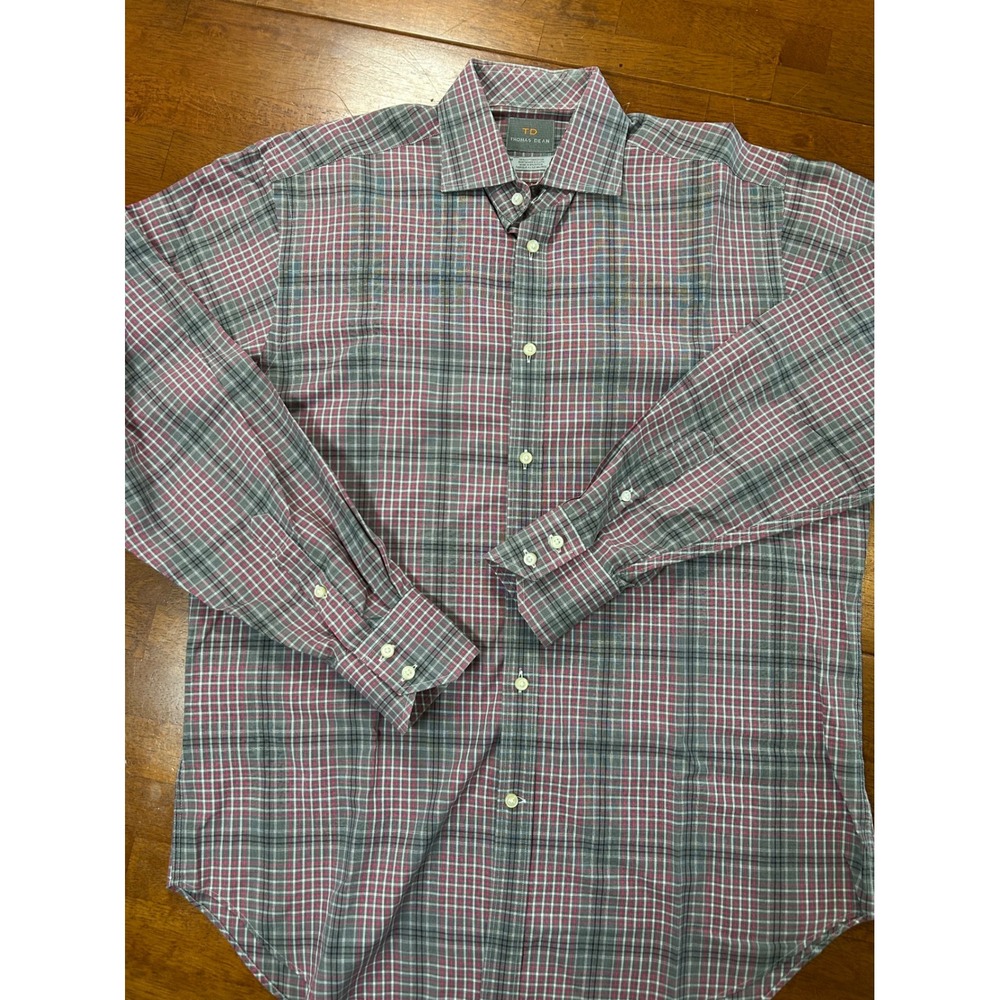 Thomas Dean Dress Shirt Mens M Grey Red Plaid Long Sleeve Button Down Cotton